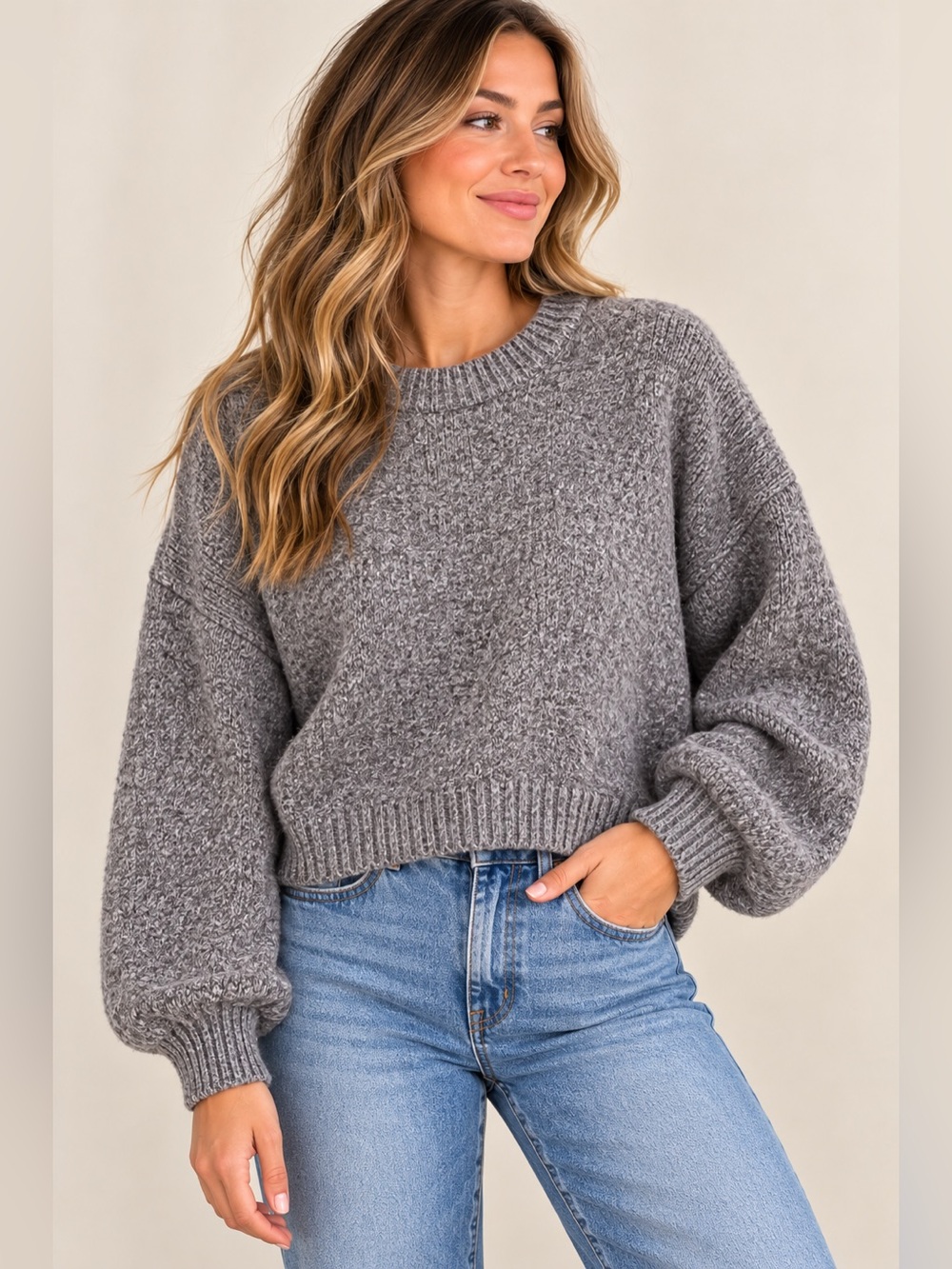 Pilcro by Anthropologie Gray Fuzzy Cropped Sweater XL Balloon Sleeve Cozy Knit